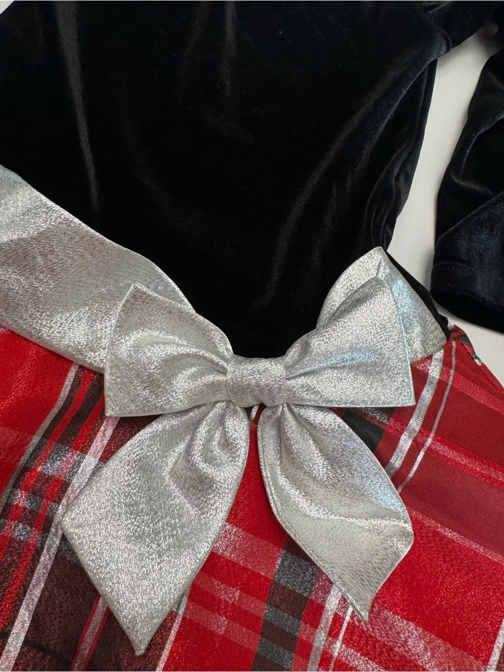 Bonnie Jean Black Velvet Top Red Plaid Skirt Dress with Silver Bow